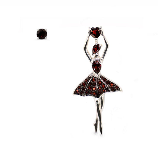 Dancing Queen Earrings - Rhodium Plated Sterling Silver with Natural Garnet (Dancing Queens for Left Ear and Stud)