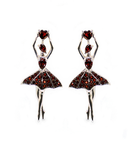 Dancing Queen Earrings - Rhodium Plated Sterling Silver with Natural Garnet (A pair of Dancing Queens)