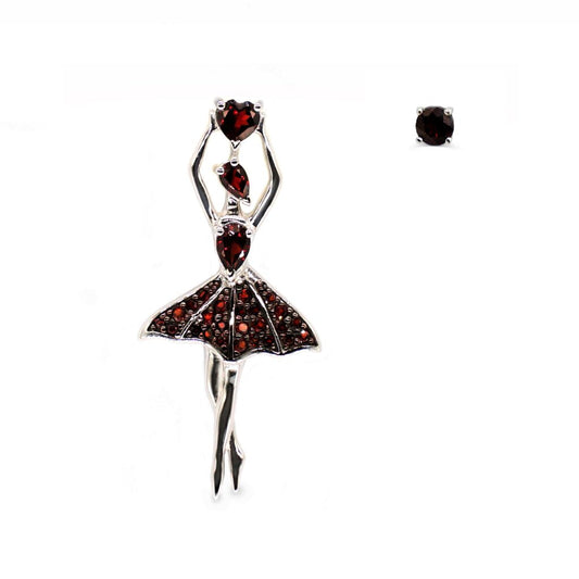 Dancing Queen Earrings - Rhodium Plated Sterling Silver with Natural Garnet (Dancing Queens for Right Ear and Stud)